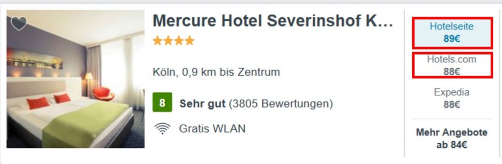 Auch hier ist das Zimmer bei dem OTA Hotels.com günstiger als bei der Hotelwebsite von Mercure